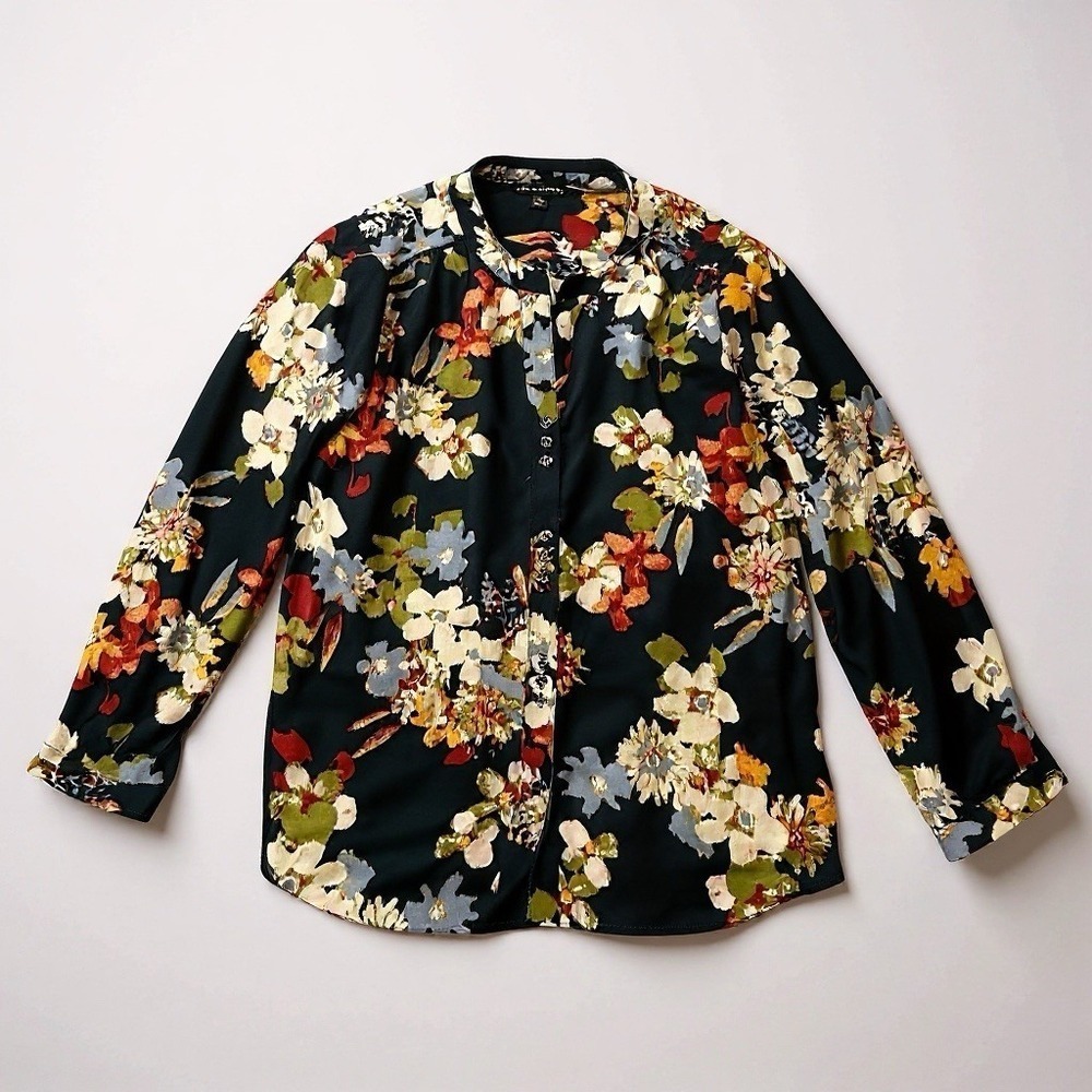 Zac & Rachel Shirt Top M Navy Blue White Green Floral Open Neck Button Dn 3/4 Sl